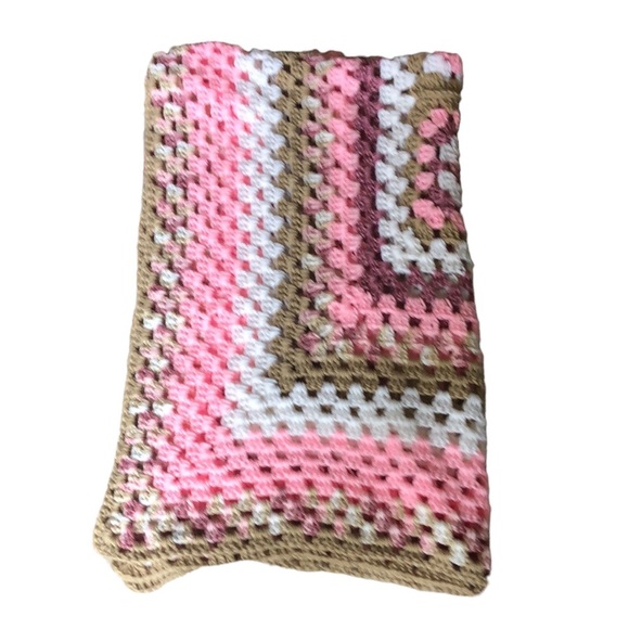 Handmade crocheted personal Blanket pink white khaki 1st quality knitted NICE! - Picture 5 of 12